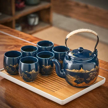 Porselen Kung Fu fincan çay seti aksesuarları su ısıtıcısı 6 kişi süzgeç çay seti töreni plaka Theiere mutfak aksesuarları AB50TS